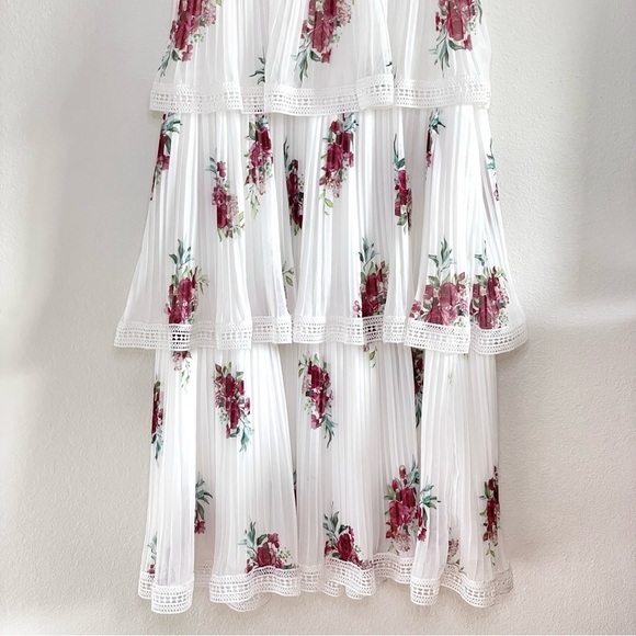 Lulus Thriving Romance White Floral Tiered Plisse Pleat Lace Trim Midi Dress XS - Picture 8 of 14